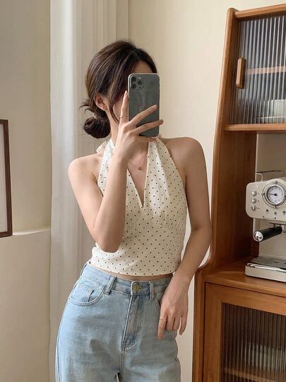French polka-dot V-neck halter top for women, summer sweet girl's waist slimming backless sexy suspender top