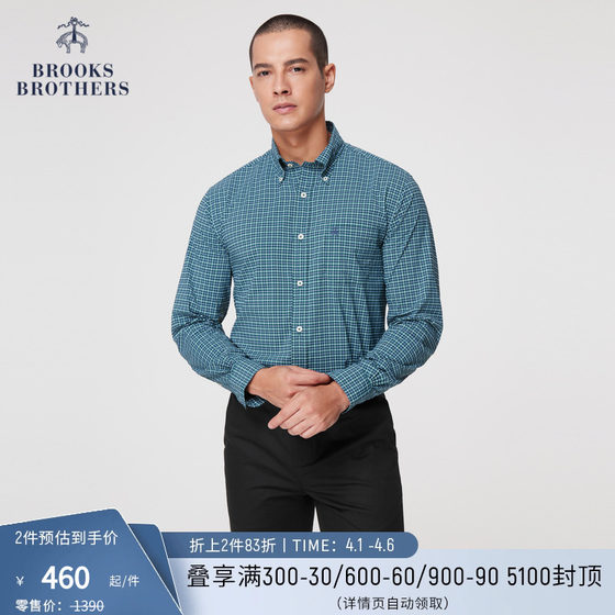 BrooksBrothers/Brooks Brothers 남성용 클래식 버전 체크 무늬 자수 로고 긴팔 캐주얼 셔츠
