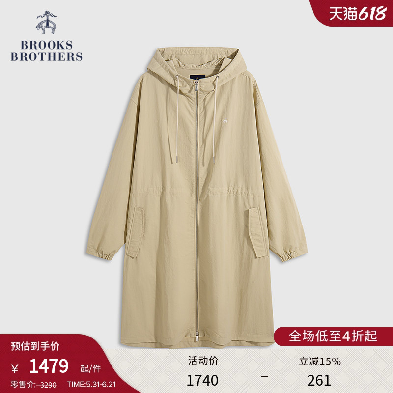 Brooks Brothers Women's Autumn and Winter New Solid Color Casual Hooded Thin Long Trench Coat