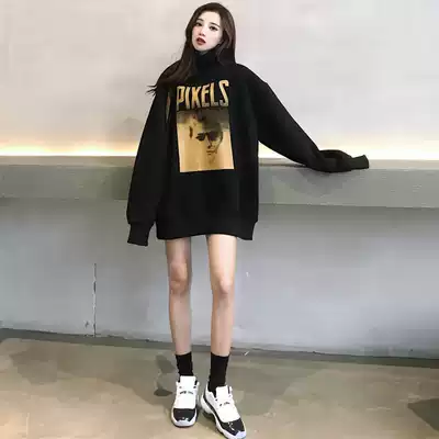 High-neck thick cotton T women's autumn and winter plus velvet Korean version loose mesh infrared cover medium and long version ins tide wild thin black cec