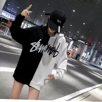 Contrast thick cotton T women hooded 2020 spring new plus velvet thin jacket black and white stitching couple Korean hip-hop style