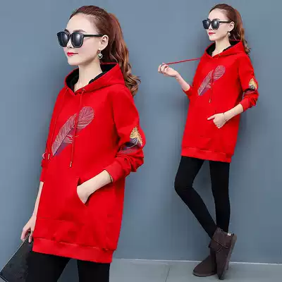 Sweater women's hooded mid-length version of the 2020 spring new plus velvet jacket loose large size Korean version wild 200 kg ins