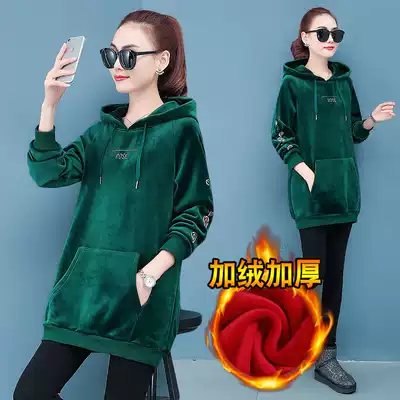 Gold velvet sweater women hooded 2019 autumn and winter double-sided velvet thickened medium and long version of the large size jacket Korean version loose and fat