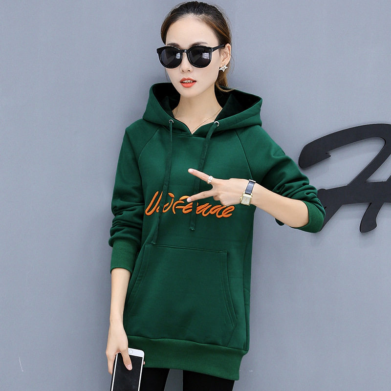 Green autumn and winter letter embroidered hat sweatshirt middle and long edition of jacket Han Edition large size 200 pounds fat MM tide