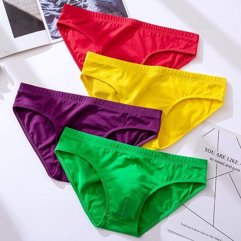 New Cotton Briefs for Men, Green, Sexy, Breathable, Purple, Yellow, Solid Color, Summer Low-Rise Briefs