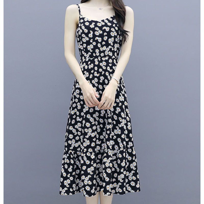 Plus Size Daisy Strap Dress for Women 2024 Summer New Style Fat Girl Dress Waist-Cinching Slimming Belly-Covering Two-Piece Set