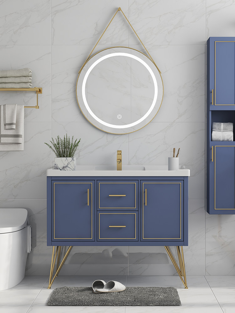Blue Nordic bathroom cabinet Light luxury bathroom Powder room sink washbasin cabinet combination sink Intelligent round mirror