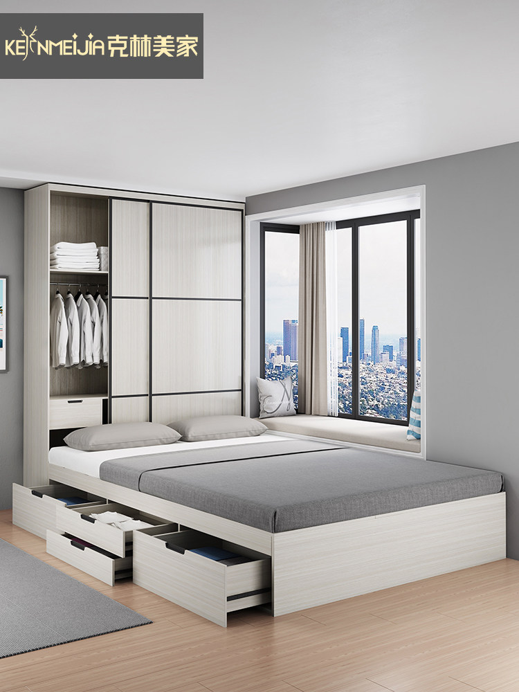 Modern minimalist 1 8 m double tatami wardrobe integrated containing bed Nordic 1 5 small family type high box containing bed