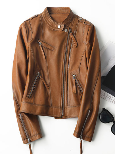 Genuine leather jacket for women Haining 2025 spring and autumn new lambskin slim short Korean style motorcycle jacket trendy