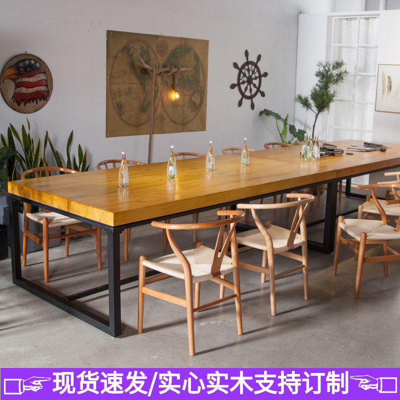 loft solid wood large board meeting table desk minimalist creativity talks table and chairs combined industrial wind strip bench
