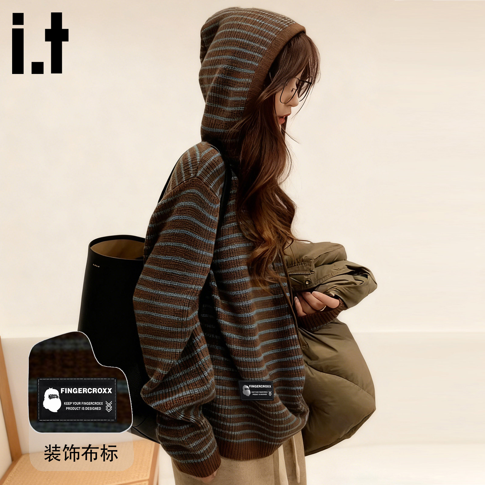 it FINGERCROXX连帽条纹套头毛衣女秋冬季外穿加厚针织卫衣帽衫H