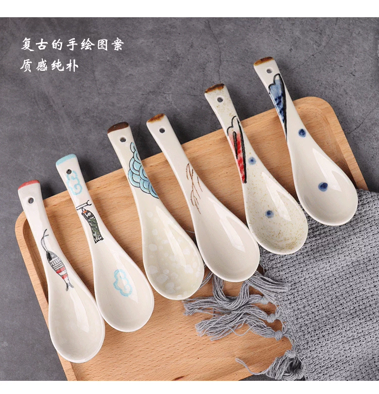 Hộ gia đình Nhật Bản retro vẽ tay bằng gốm dài tay cầm thìa thìa thìa khuấy súp súp bộ đồ ăn - Đồ ăn tối đĩa nhựa dùng 1 lần
