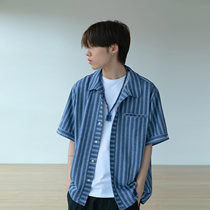 SOLD Humanimal 19SS] Aloha Shirt Loose Linen Striped Short-sleeved Hawaiian Shirt