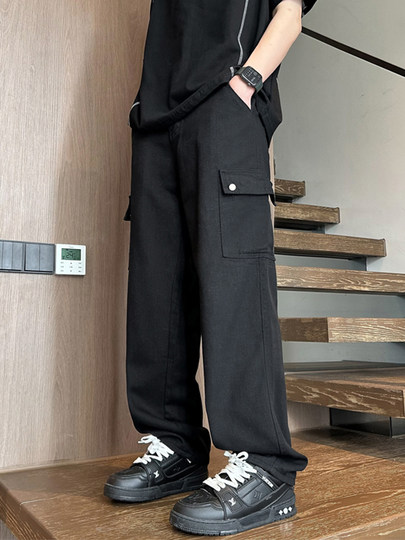Black Workwear Jeans for Men, Summer Style with Large Pockets, Straight-Leg Pants, Trendy Brand, Loose Wide-Leg Casual Long Pants