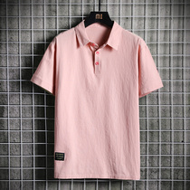 Turn collar polo shirt male summer cotton linen pink t-shirt loose 50% sleeves chubby short sleeve cityboy day system body