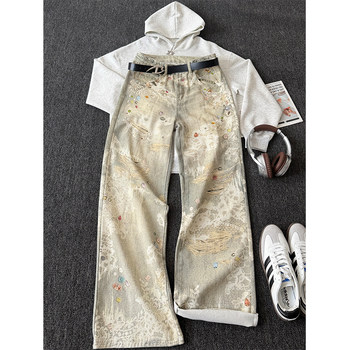 Wasteland Style Pants for Men and Women, Autumn American Retro Digital Print Vintage Jeans, A-Line Wide-Leg Pants