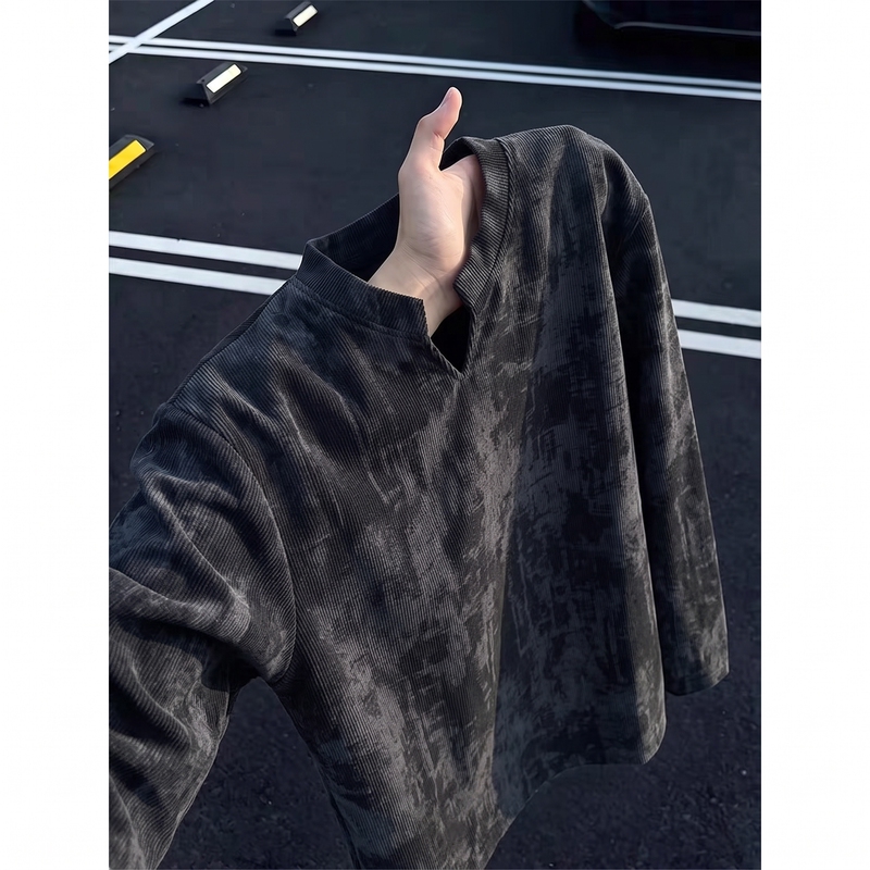 Black Ink Wash Tie-Dye V-Neck Long-Sleeve T-Shirt for Men, Autumn Casual Relaxed Style Sweatshirt, Loose Couple's Top
