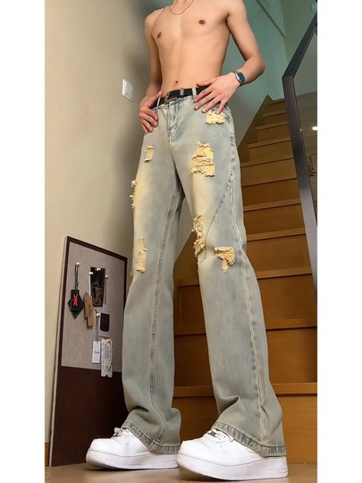 American Retro Ripped Jeans for Men, Summer Thin Style, Trendy Brand, Cool Street Style Pants, Slim Straight-Leg Flared Pants