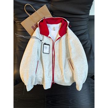 White and Gray Color-Blocking Hooded Sweatshirt for Men, Spring Cleanfit Youthful Style Zip-Up Jacket with a High-End Feel