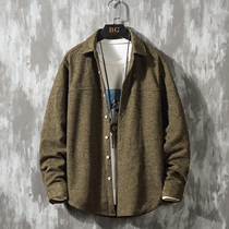 Autumn woolen long sleeve shirt male Japanese loose size Ruffian handsome tide flow shirt coat ancient feeling calm top