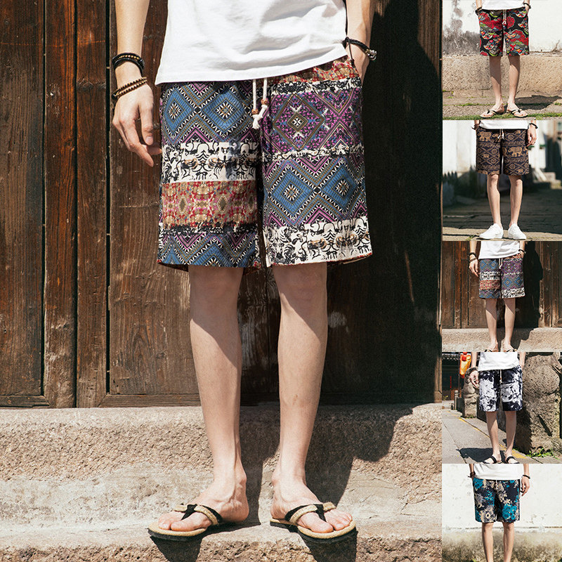 Flower shorts men Chinese wind rack beach pants tide retro loose large number fat light five points pants