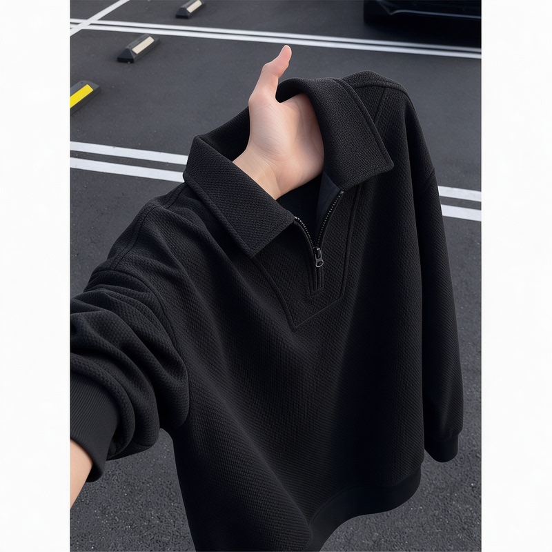 Black Textured Half-Zip Lapel Sweatshirt for Men, Autumn Thick Knit Long-Sleeve Polo Shirt, Casual Inner Layer Base Shirt