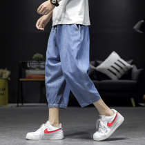 Seven-point denim shorts mens loose Haren pants summer thin trend Joker plus size fat fat big leg eight-point pants