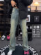 American retro blue velvet jeans for men in winter slim straight washed distressed pants high street loose bootcut pants