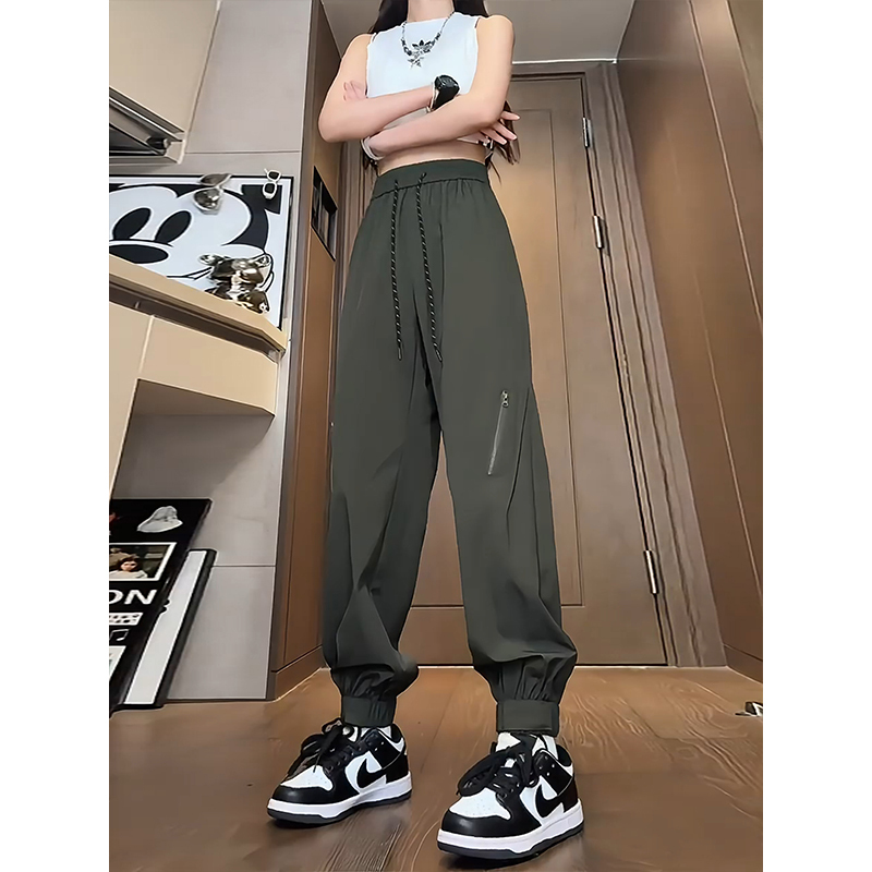 Army Green Ice Silk Work Pants for Men, Summer Thin Style, Magic Tape Jogger Pants, Outdoor Quick-Dry Hiking Pants