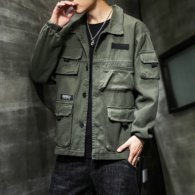 Tooling jacket men's 2022 new army green jacket loose fat trend plus velvet American baseball uniform tide brand fried street