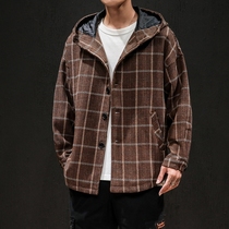 Autumn Tide brand plaid jacket wool hooded ruffle jacket men loose size fat trend retro menswear