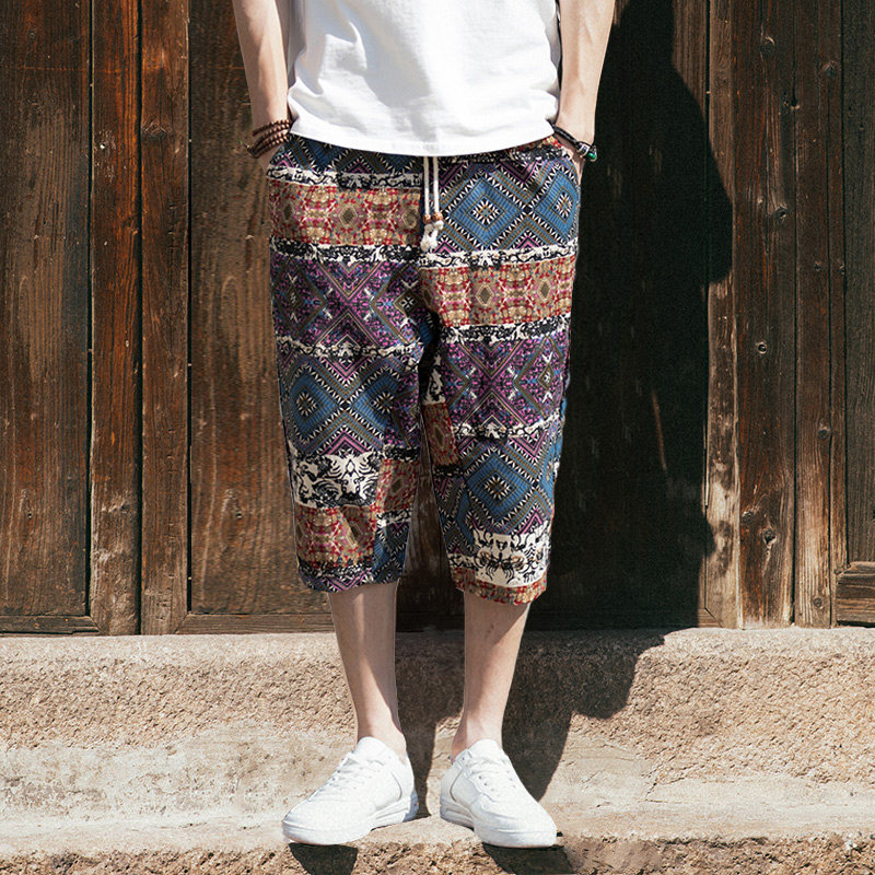 Cropped pants men's loose fat national style flower shorts ins trend all-match fat man bloomers ruffian handsome casual shorts