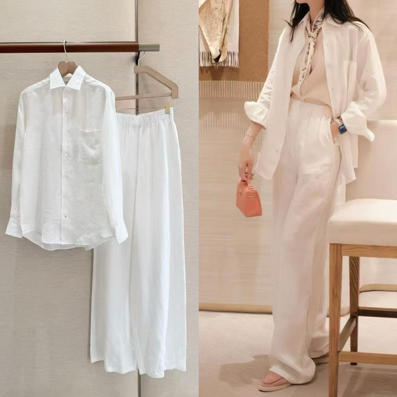 In Stock Lyunyun/Lp Old Money Relaxed Feel Skin-Friendly Breathable 100% Linen White Linen Shirt + Casual Pants