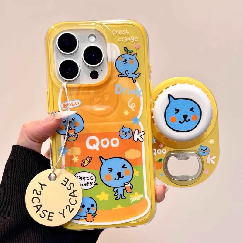 Korean Style ins Cute Orange Juice Cool Bottle Opener Magnetic Holder Suitable for Apple 15Promax New Iphone16Promax Mobile Phone Case 14 Two-In-One 13 Personalized Creative 16P Anti-Fall Cover