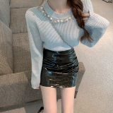 Небольшой дизайнерский универсальный лонгслив, свитер, юбка, комплект, популярно в интернете, тренд сезона, высокая талия