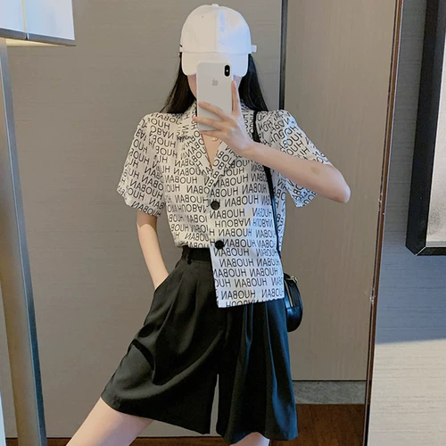 Ретро рубашка с буквами, комплект, высокая талия