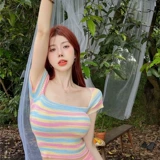 Летний радужный трикотажный сексуальный короткий свитер, высокая талия