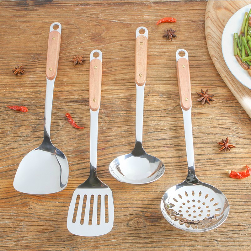 Anti-scalding wood handle Stainless Steel Pan Shovel Soup Spoons for Frying Vegetable Shovels Kitchenware Sets Kitchenette Without Pan for Home Frying Spoon