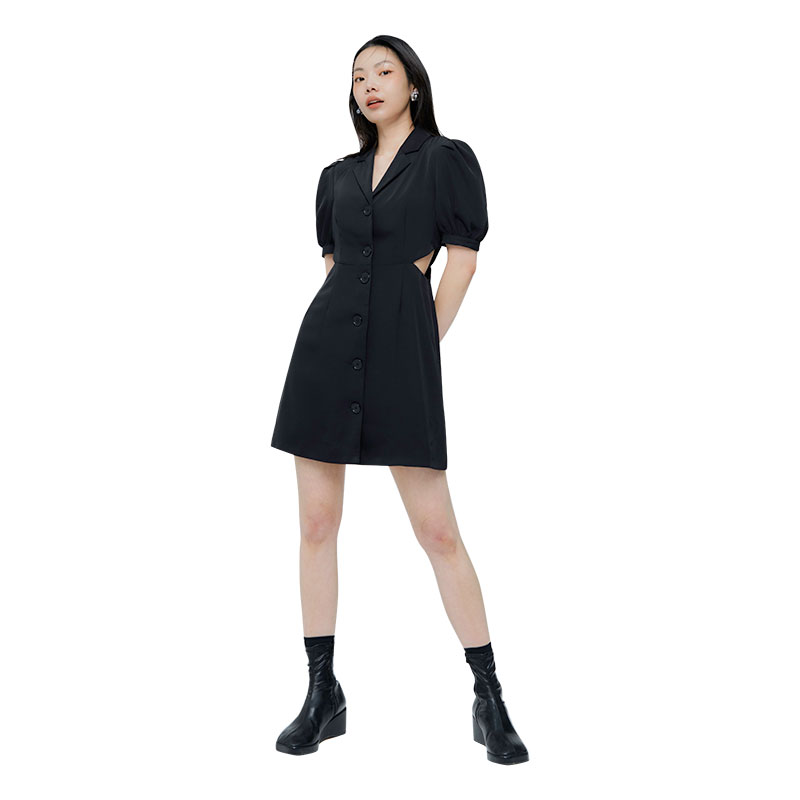 韩都衣舍收腰气质连衣裙女2022年新款小黑裙