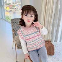 Girl Knit Waistcoat Spring Autumn Thin manclip outside wearing baby Han version Ocean Gas Kan Shoulder Child Fall Sweater Vest Tide