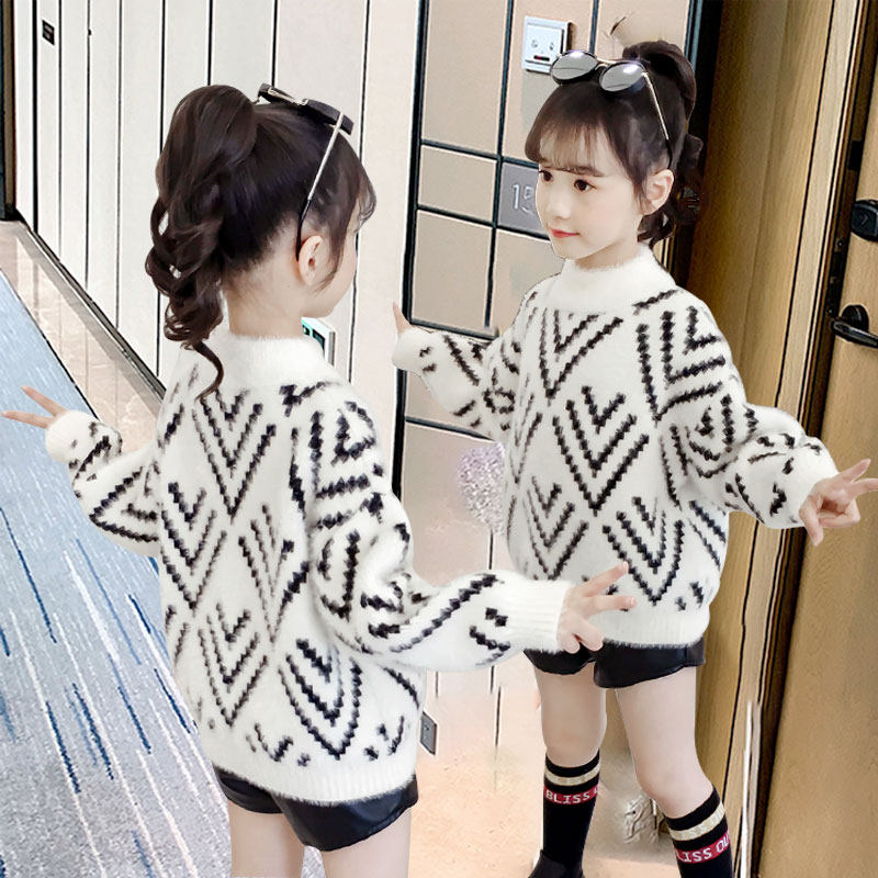 Girl Sweater Autumn Clothing 2020 New Foreign Pie Children Han Edition Thickened Set Head Autumn Winter Water Mink Fleece Knit Undershirt