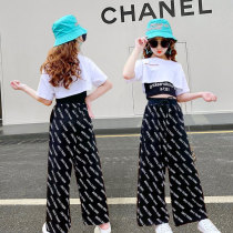 2021 new girls Summer clothing wide-legged pants suit Short sleeves Two sets CUHK Childrens clothing nets Red Ocean Gas Three sets