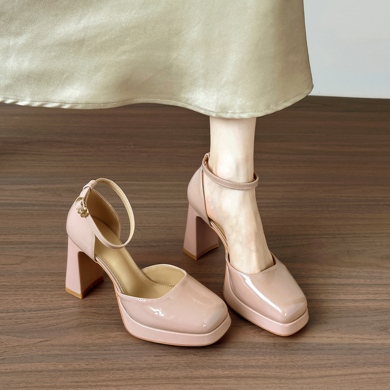 Sheepskin Version ~ Nude Patent Leather High Heels for Women, Chunky Heel, Thick Platform, Waterproof, Single Strap, Hollow Mary Jane Height-Increasing Shoes