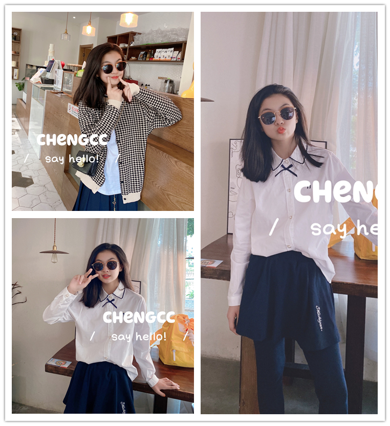 Year-end 50% off preppy houndstooth knitted cardigan, white bowknot shirt, navy blue embroidered doggy culottes