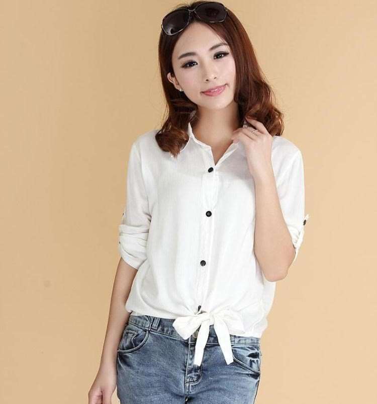 Korean hem knotted shirt Women's summer cardigan Cotton silk top Long-sleeved sunscreen shirt White lace-up short-sleeved shirt