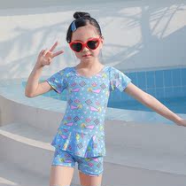 Korean children swimming trunks cute foreign children childrens swimsuit girls summer ins Wind conjoined baby sunscreen short sleeves