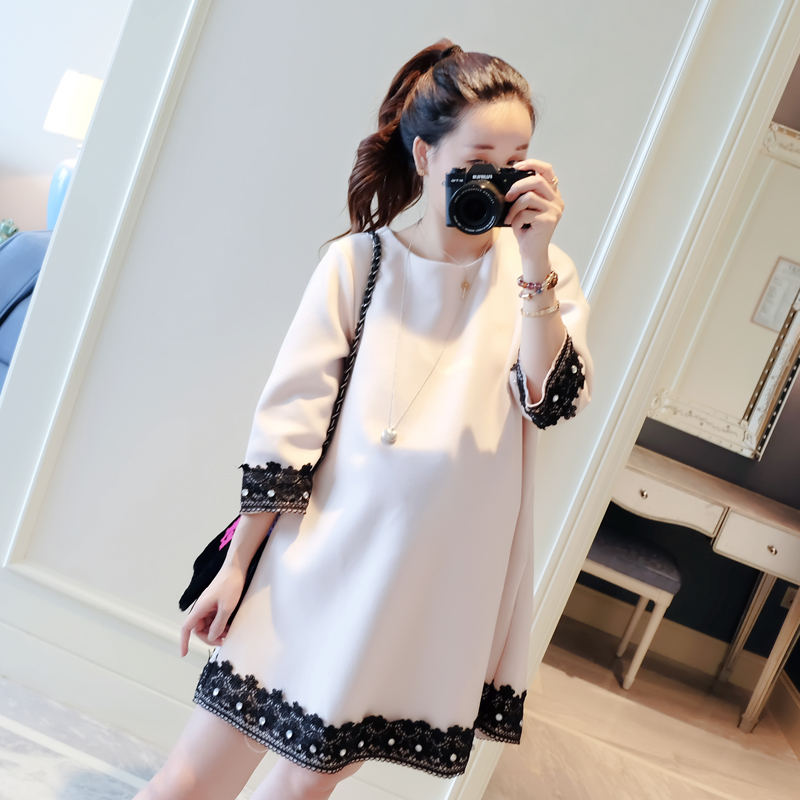 Maternity autumn and winter lace-trimmed crewneck woolen dress out loose thickened fashion winter top
