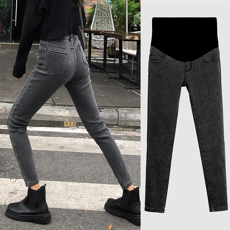 Maternity jeans autumn and winter style plus velvet thickening thin high waist belly support underwear black gray cigarette pipe pants long pants