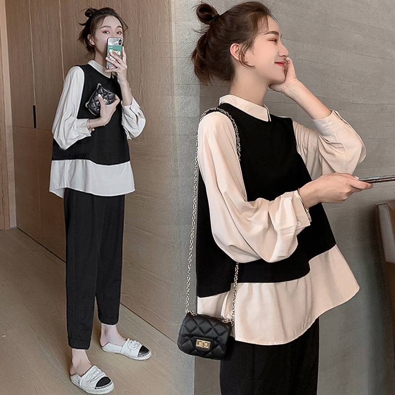 Maternity dress spring and autumn suit 2021 Korean fashion item long-sleeved shirt fake two-piece top west pants two-piece set tide