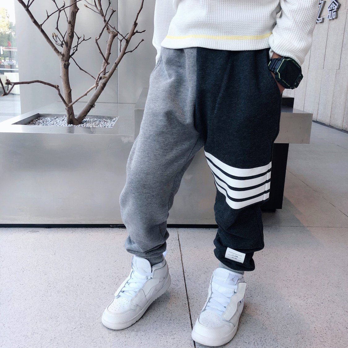 ENOCHBABY boys and girls autumn and winter TB dark gray color matching brushed plus velvet sports trousers casual pants